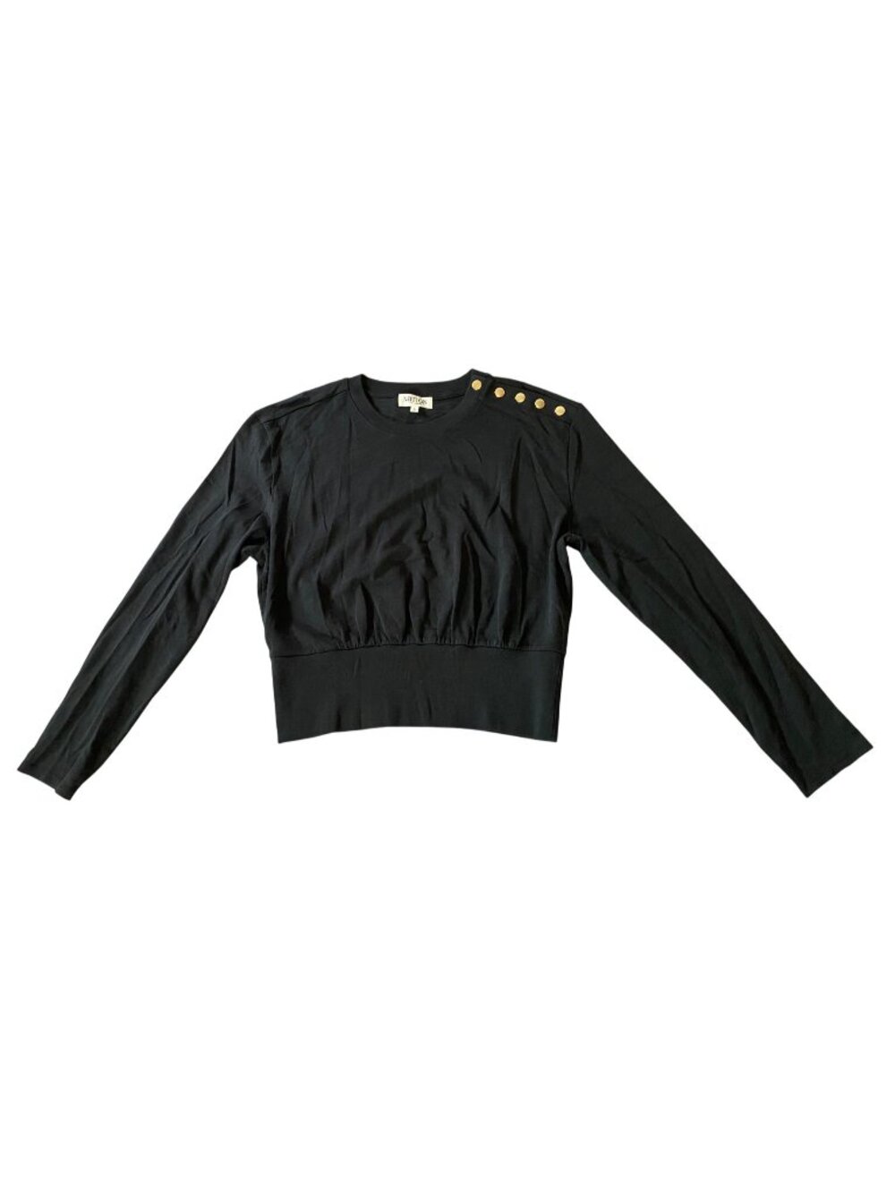 Nation Los Angeles Black Long Sleeve Crop Top Gold Button Shoulder Accents Large